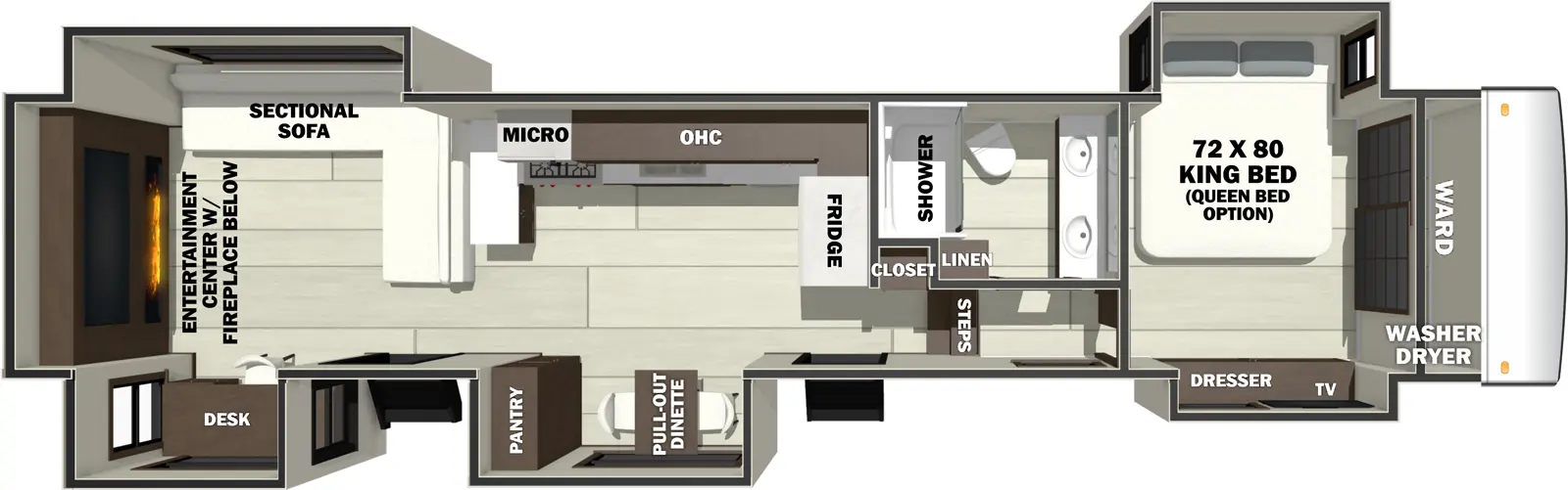 The RIVERSTONE 420RE floorplan has two entries and five slide outs. Exterior features include: fiberglass exterior and 20' & 11'6" awning. Interiors features include: front bedroom and rear living.